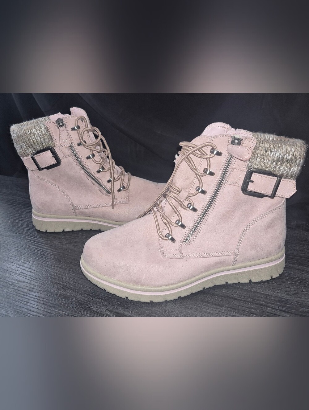 Cliffs by WHITE MOUNTAIN Pink Suede Lace-Up Ankle Boots with Knit Collar